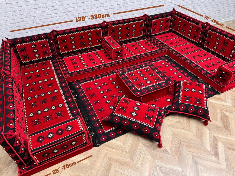 Juego de sofás otomanos modulares en rojo y negro, otomano inspirado en Kilim