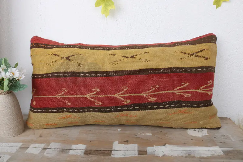 Outdoor Throw Pillow, Ethnical Kilim Rug Pillow, Cushion, Vintage Kilim Pillow, 12x24 Yellow Pillow Case, Seat Pillow Case, Pillow for Sofa - 2