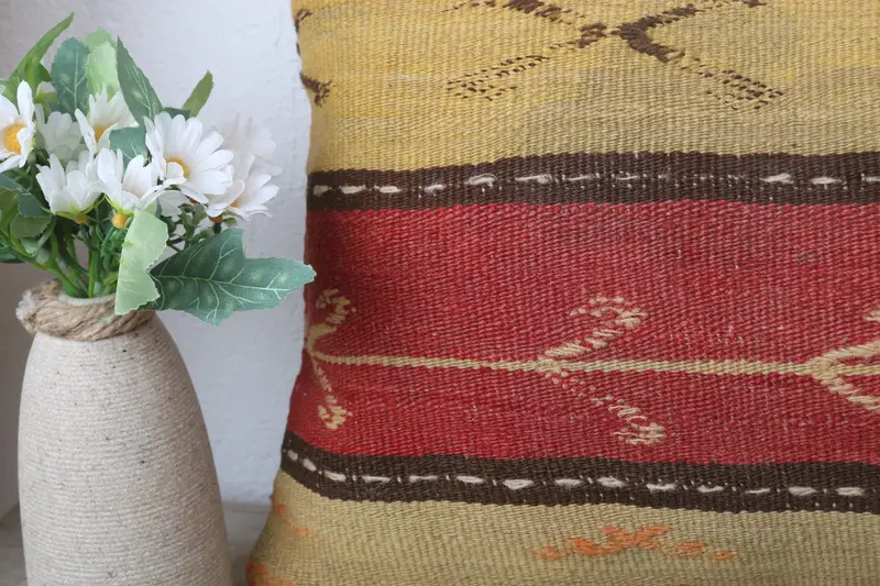 Outdoor Throw Pillow, Ethnical Kilim Rug Pillow, Cushion, Vintage Kilim Pillow, 12x24 Yellow Pillow Case, Seat Pillow Case, Pillow for Sofa - 3