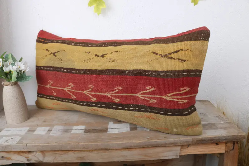 Outdoor Throw Pillow, Ethnical Kilim Rug Pillow, Cushion, Vintage Kilim Pillow, 12x24 Yellow Pillow Case, Seat Pillow Case, Pillow for Sofa - 4