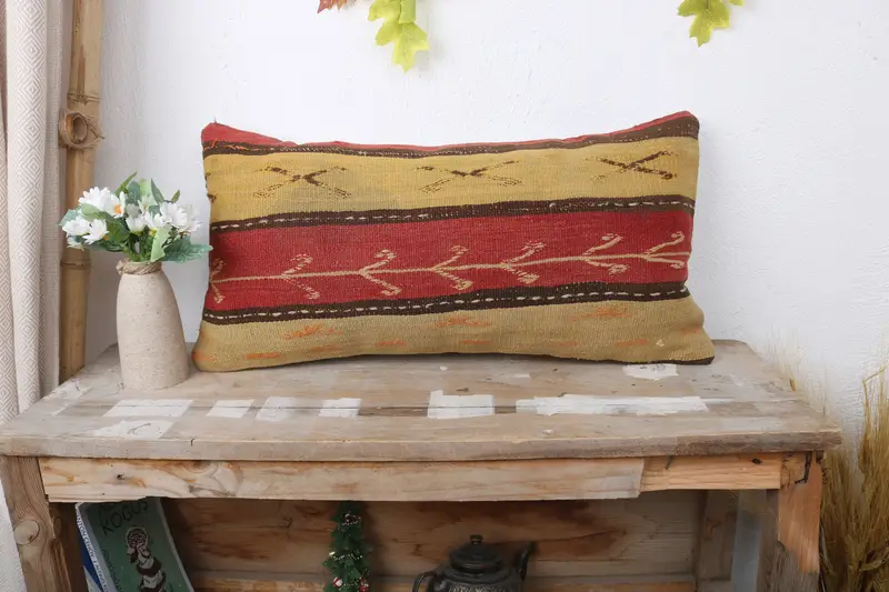 Outdoor Throw Pillow, Ethnical Kilim Rug Pillow, Cushion, Vintage Kilim Pillow, 12x24 Yellow Pillow Case, Seat Pillow Case, Pillow for Sofa - 1