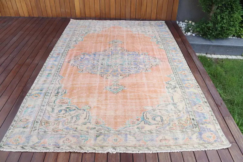 Vintage Turkish Rug, 5.9x8.6 ft Large Rug, Orange Oushak Animal Print Rug - 1