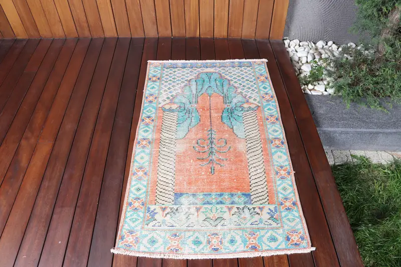 Turkish Oushak Small Rug 2.4x3.9 ft (73x120 cm), Vintage Orange Floral Wool Rug - 1