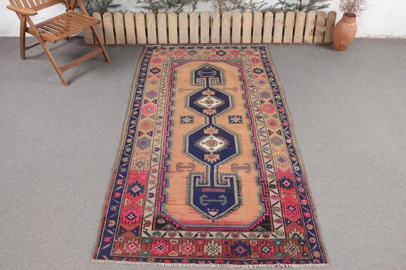 Alfombra Hecha a Mano en Marrón y Azul, 1,2x2,8m Elegante Diseño Bordeado