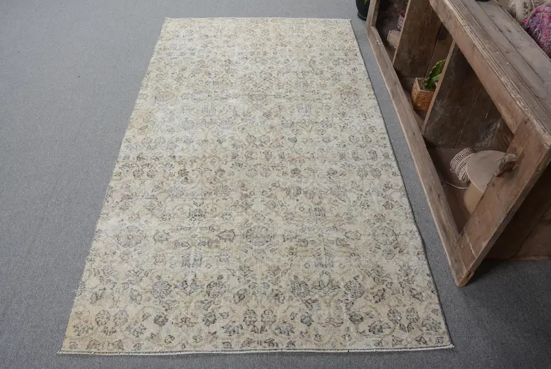 3.9x7.1 ft Vintage Halı, Gri Kareli Türk Halısı Yün - 1