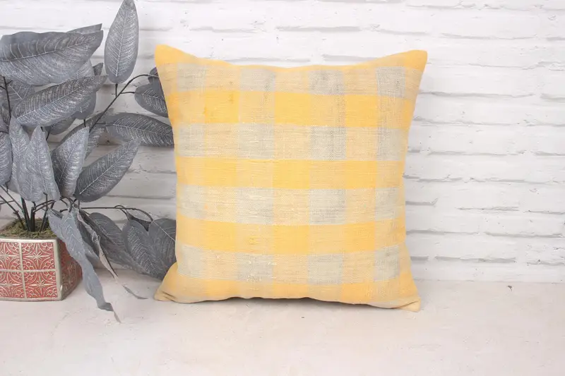 Pillow for Sofa, 18x18 Yellow Cushion Cover, Aesthetic Pillow Case, Handmade Kilim Cushion, Interior Designer Pillow, Cushion Case - 1