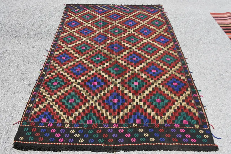 Vintage Rug, Area 4.8x7.3 ft Turkish Rug, Red Animal Print Wool Rug - 1