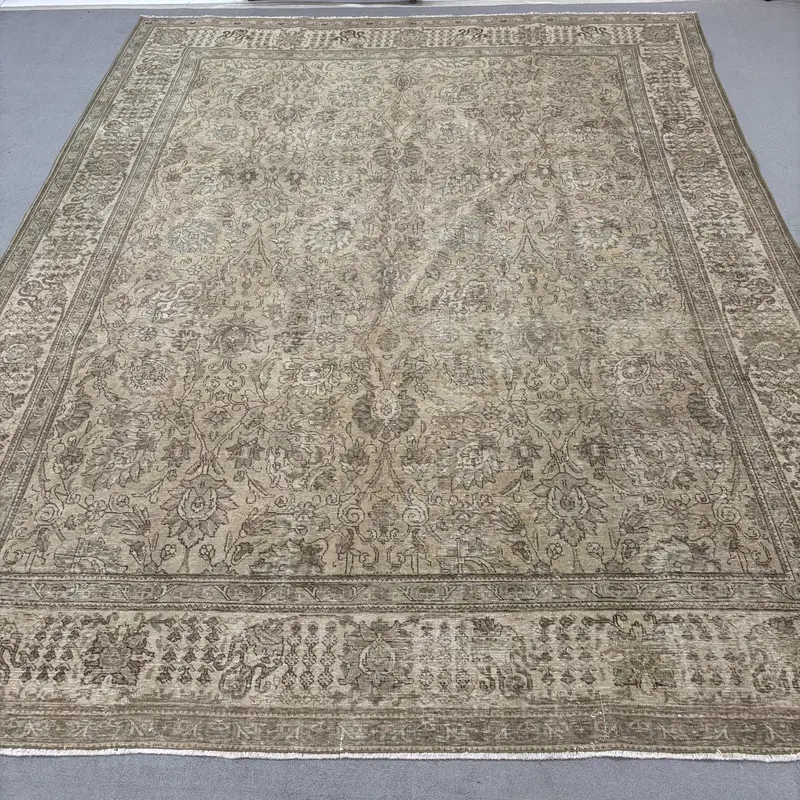 Turkish Vintage Rug 9.4x12.6 ft, Brown Oushak Camouflage Rug - 1