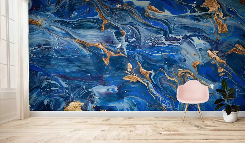 Lüks Pırıltılı Altın ve Lacivert Baskılı Duvar Kağıdı