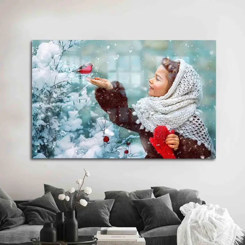 モダンなプリント ガラス: かわいい女の子、素敵な鳥、冬の風景