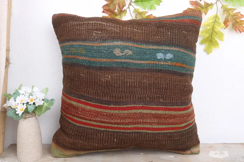 Decorative Pillow, Boho Chic Pillow, Boho Pillow Sham Cover, Kilim Pillow, 18x18 Brown Cushion, Pillow Case, Handmade Kilim Cushion - 2