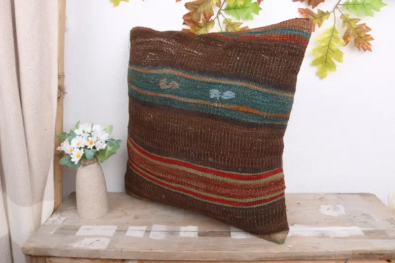 Decorative Pillow, Boho Chic Pillow, Boho Pillow Sham Cover, Kilim Pillow, 18x18 Brown Cushion, Pillow Case, Handmade Kilim Cushion - 4