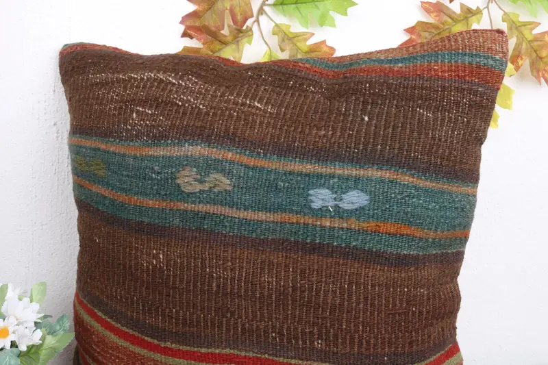 Decorative Pillow, Boho Chic Pillow, Boho Pillow Sham Cover, Kilim Pillow, 18x18 Brown Cushion, Pillow Case, Handmade Kilim Cushion - 5