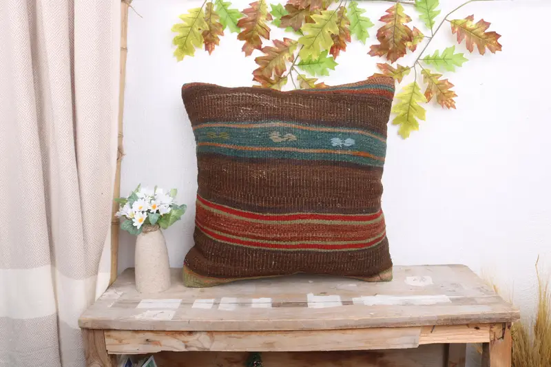 Decorative Pillow, Boho Chic Pillow, Boho Pillow Sham Cover, Kilim Pillow, 18x18 Brown Cushion, Pillow Case, Handmade Kilim Cushion - 1