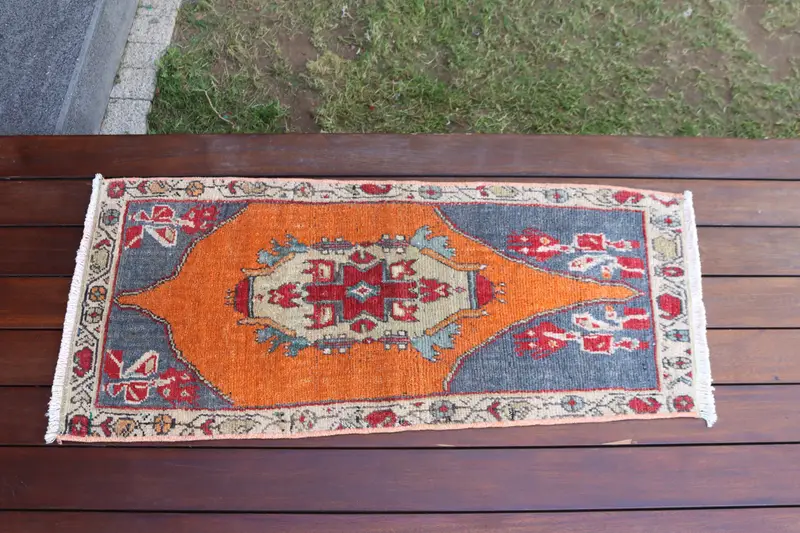 Vintage Türk Halısı, 1.4x3.2 ft Büyük Boy Halı, Turuncu Oushak Soyut Halı - 1