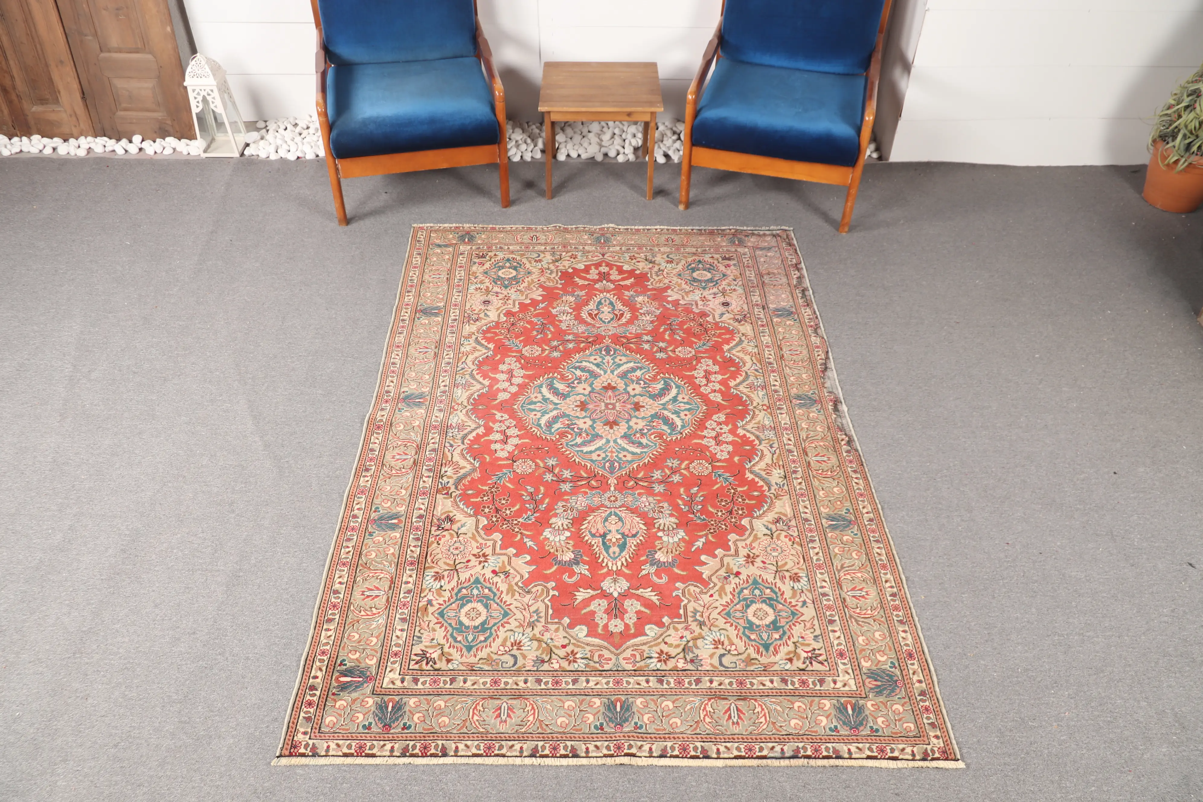 4.8x7 ft Turkish Accent Rug, Red Blue Vintage Floral Rug - 1