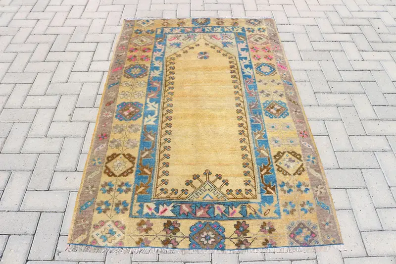 トルコ ヴィンテージ ラグ 108x166cm ウシャク イエロー ブルー ストライプ ラグ - 1