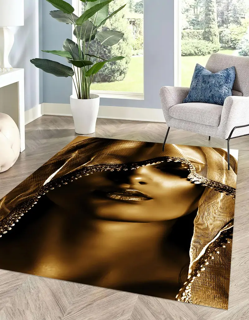 Golden Woman Portrait Printed Rug: Elegant, Modern, Fashionable