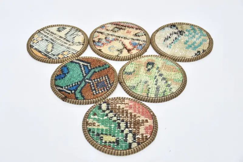 Posavasos redondos bohemios azules y blancos, posavasos de alfombras únicos