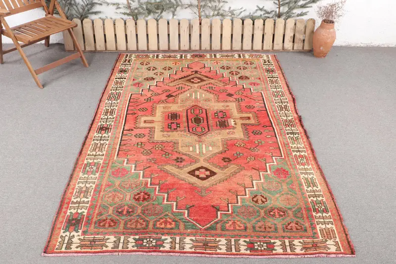 El Yapımı Kırmızı Ombré Halı, 5.3x7.5 ft Zarif Dekor