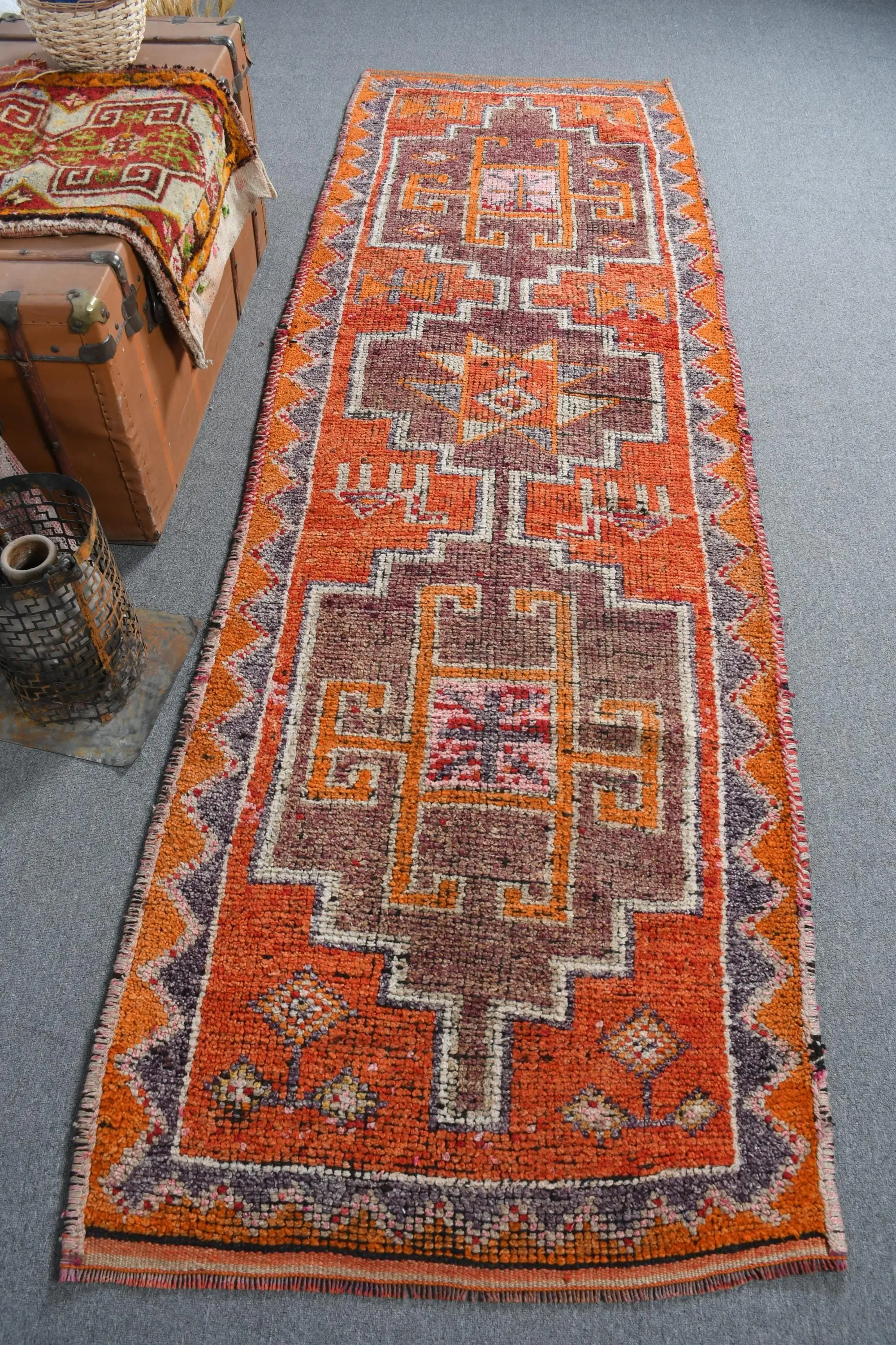 Vintage Turkish Rug, 3x9.9 ft Runner Rug, Orange Brown Polka dot Wool Rug - 1