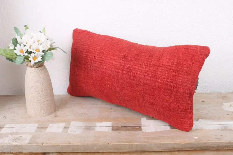 Pillow, Handmade Rug Seat Cushion, Ethnical Kilim Rug Pillow, 8x16 Red Pillow Case, Tribal Pillow Cover, Pillow for Couch, Pillow for Sofa - 4