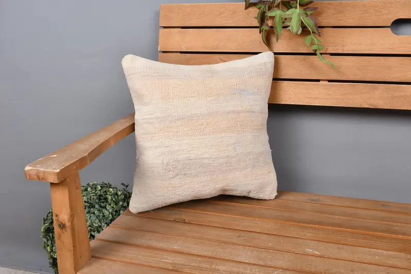 Boho Pillow, Pillow Cover, Sofa Bolster Pillow Sham, Neutral Throw Cushion Case, Kilim Cushion Sham, 14x14 Beige Pillow Cover, Antique Pillows - 1