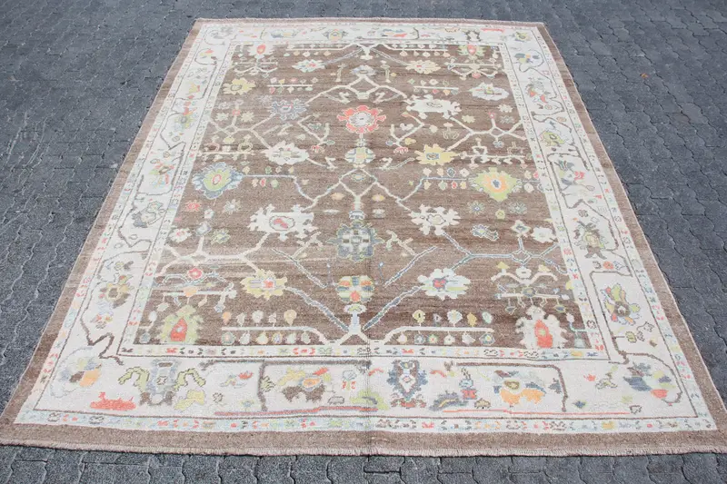 7.9x9.8 ft Vintage Oversize Rug, Brown White Turkish Polka dot Wool Rug - 1