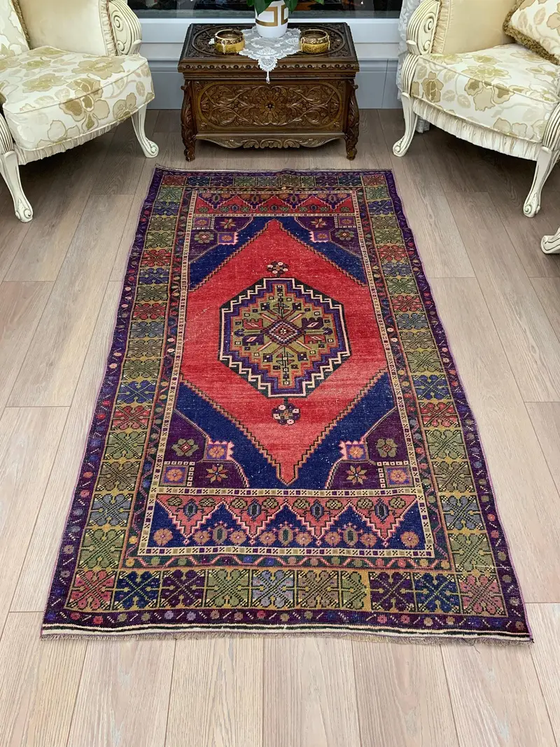 Oushak Türkischer Teppich, 3,7x6,8 ft Vintage Teppich, rot gestreifter Wollteppich - 1