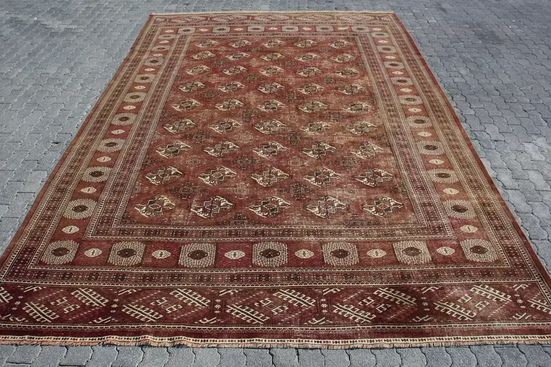 9,3x13,4 ft türkischer Vintage-Teppich, Übergröße-Teppich, rot-weißer Wollteppich mit Pflanzen und Bäumen - 1