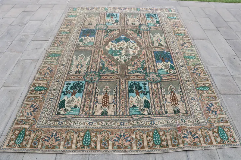 7.7x10.8 ft Vintage Türk Halısı, Büyük Boy Halı, Mavi Oushak Çiçekli Halı - 1