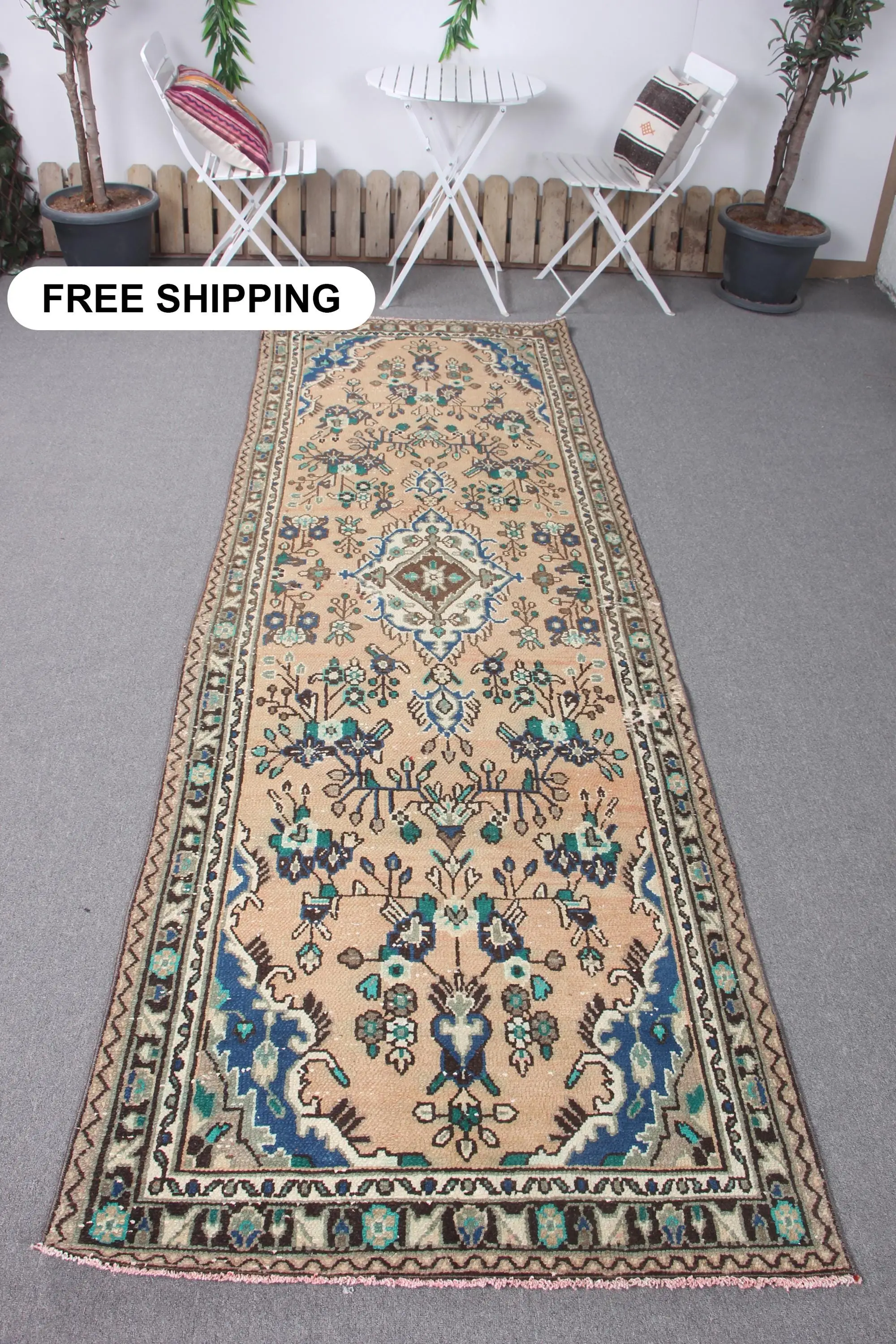 Turkish Runner Rug 3.4x10 ft (104x305 cm), Blue Patchwork Vintage Rug - 1