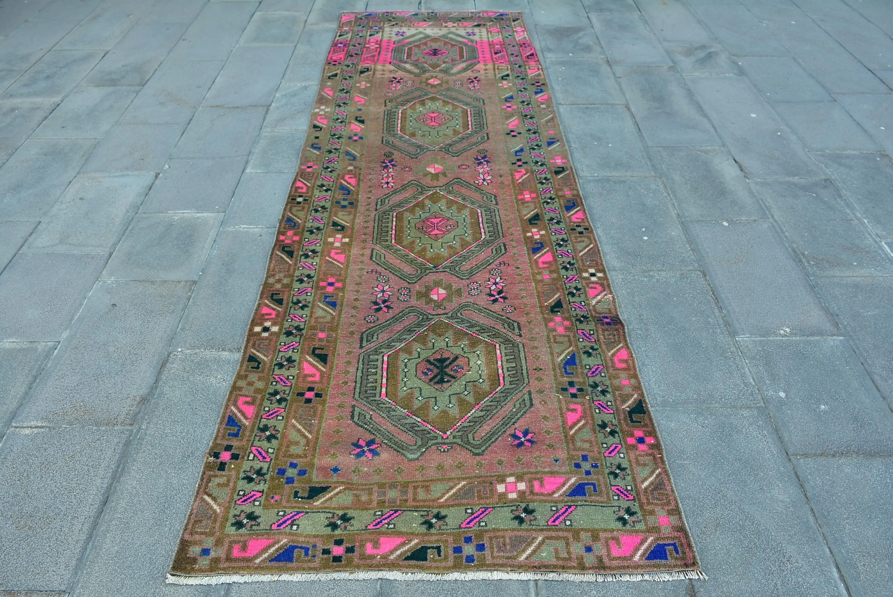 Vintage Turkish Rug, 3.4x10.5 ft Rug, Brown Pink Rug - 1