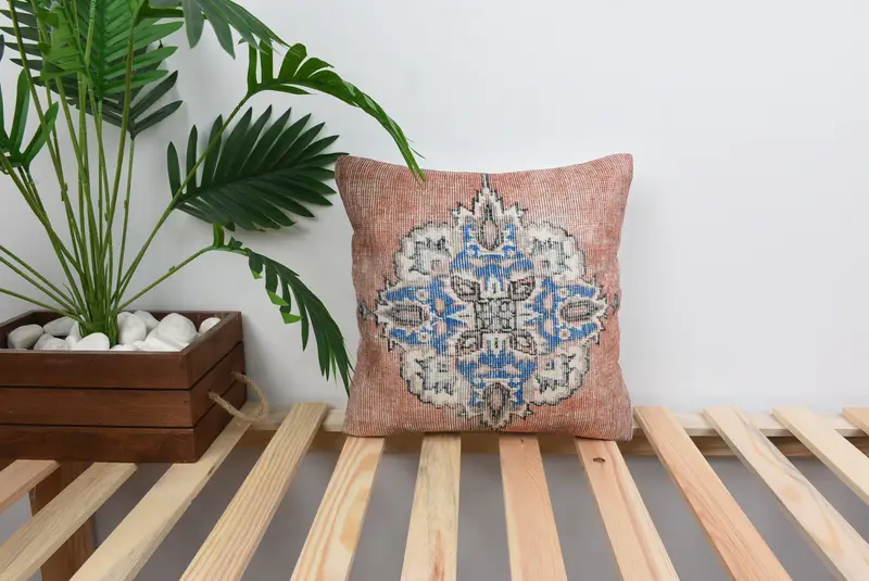 Rot, bronzefarbenes gestreiftes Kissen, Vintage besticktes Leinenkissen