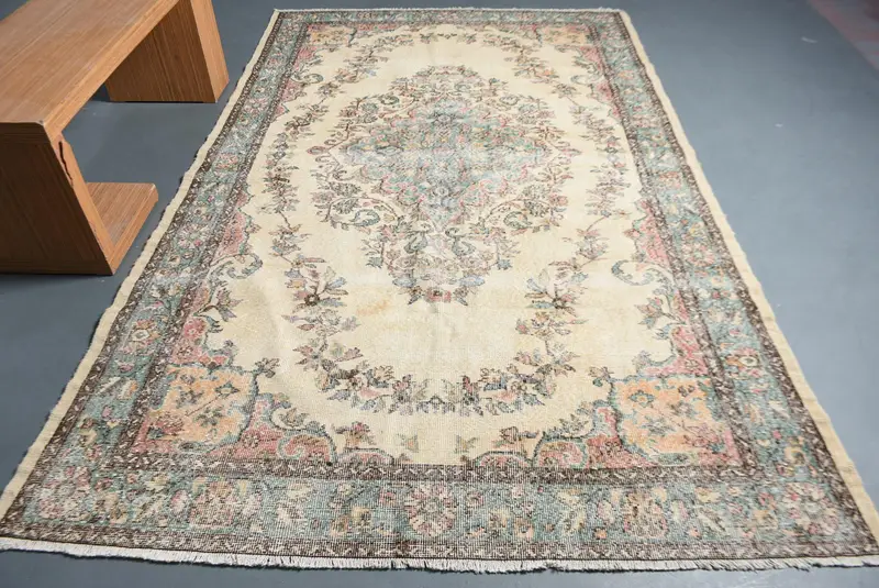 6.1x9.5 ft Vintage Halı, Türk Büyük Halı, Mavi Kahverengi Çiçekli Halı - 1