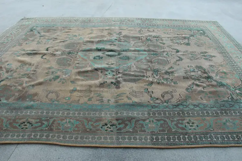 Türk Vintage Halı 9.4x12.4 ft, Oushak Mavi İkat Yün Halı - 1
