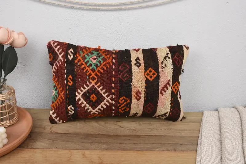 Cushion Case, Throw Kilim Pillow, Boho Pillow Sham Cover, Neutral Throw Pillow Case, Turkish Kilim Pillow, 12x20 Red Pillow Cover - 2