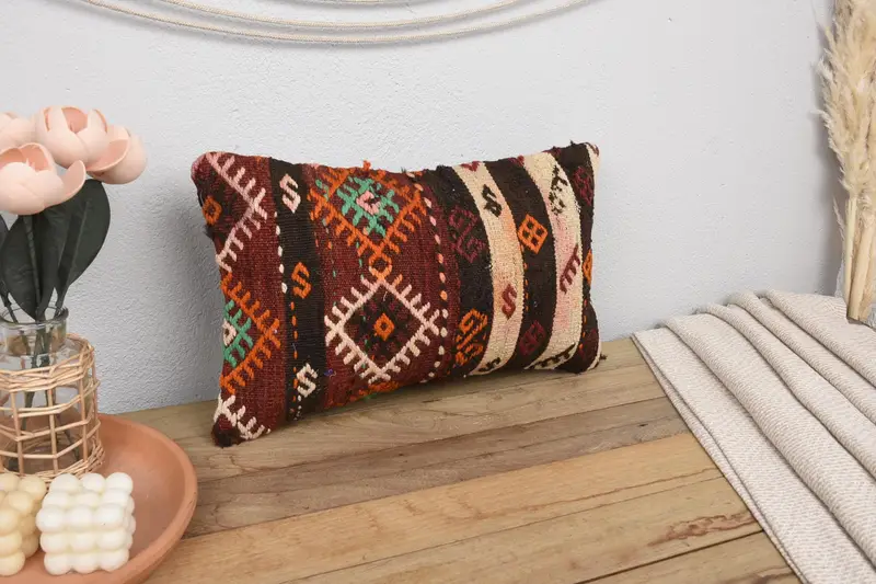 Cushion Case, Throw Kilim Pillow, Boho Pillow Sham Cover, Neutral Throw Pillow Case, Turkish Kilim Pillow, 12x20 Red Pillow Cover - 1