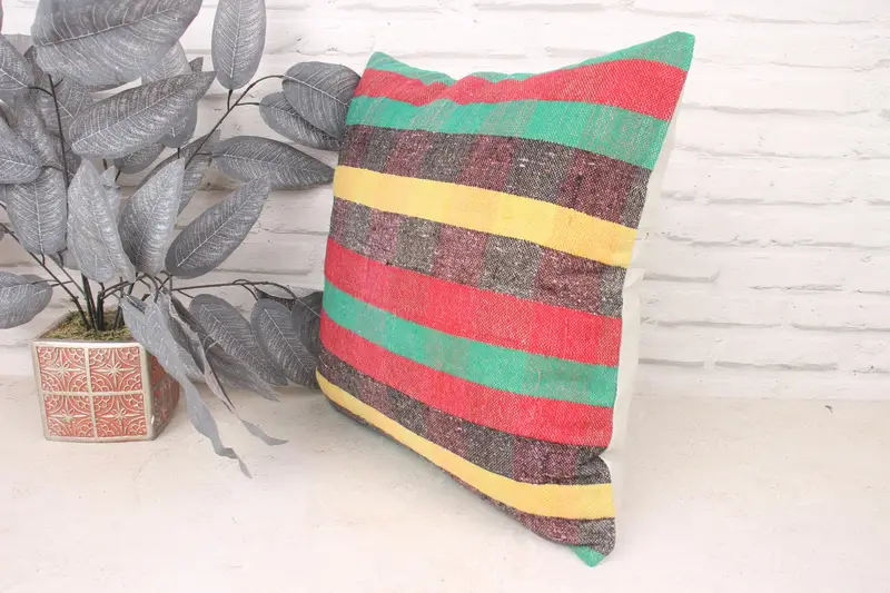 Turkish Kilim Pillow, Boho Chic Pillow Case, Rustic Pillow Cover, Antique Pillows, Gift Pillow, Cushion Case, 18x18 Yellow Cushion, Handmade Pillow - 4