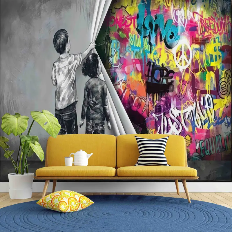 トレンディマンケイブ用の芸術的なバンクシーボーイプリント壁紙