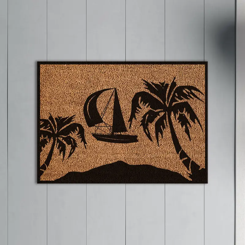 Elegant Printed Rug: Tropic Doormat with Palm & Boat Design