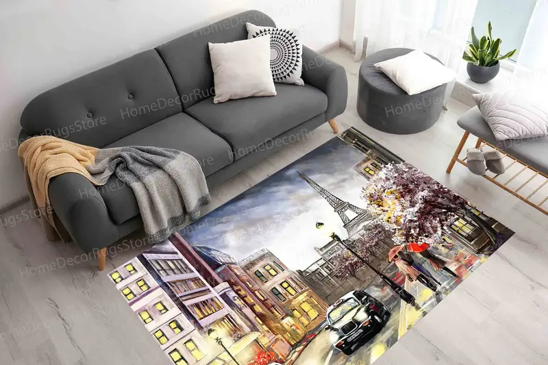 Paris Cityscape Printed Rug: Eiffel Tower & Rainy Day Design