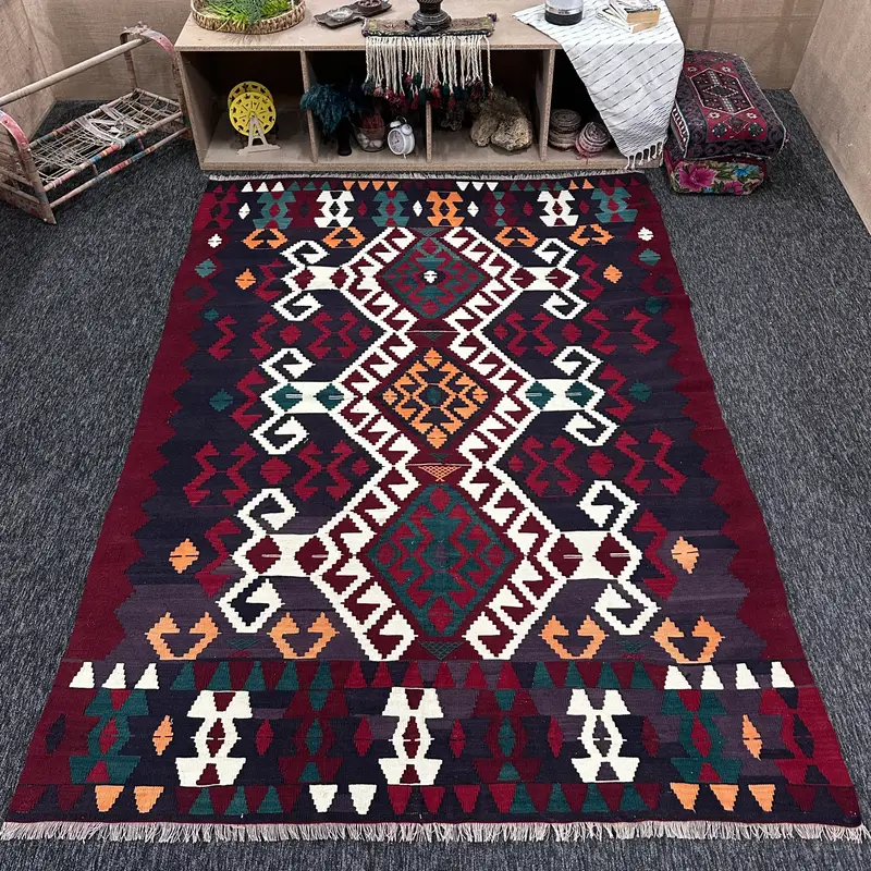 Vintage 6x8.7 ft Rug, Area Turkish Rug, Red Rainbow Geometric Rug - 1