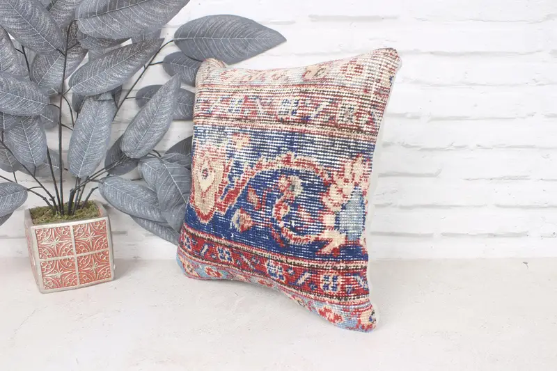 Natural Cushion, Handmade Kilim Cushion, Ethnical Kilim Rug Pillow, 14x14 Blue Pillow, Ethnic Pillow Cover, Gift Pillow, Pillow Case - 4