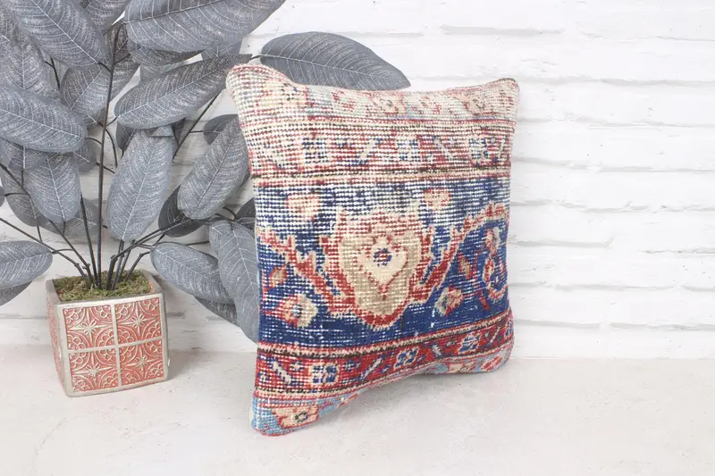Natural Cushion, Handmade Kilim Cushion, Ethnical Kilim Rug Pillow, 14x14 Blue Pillow, Ethnic Pillow Cover, Gift Pillow, Pillow Case - 3