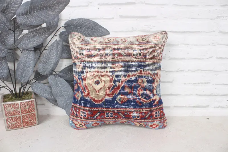 Natural Cushion, Handmade Kilim Cushion, Ethnical Kilim Rug Pillow, 14x14 Blue Pillow, Ethnic Pillow Cover, Gift Pillow, Pillow Case - 1