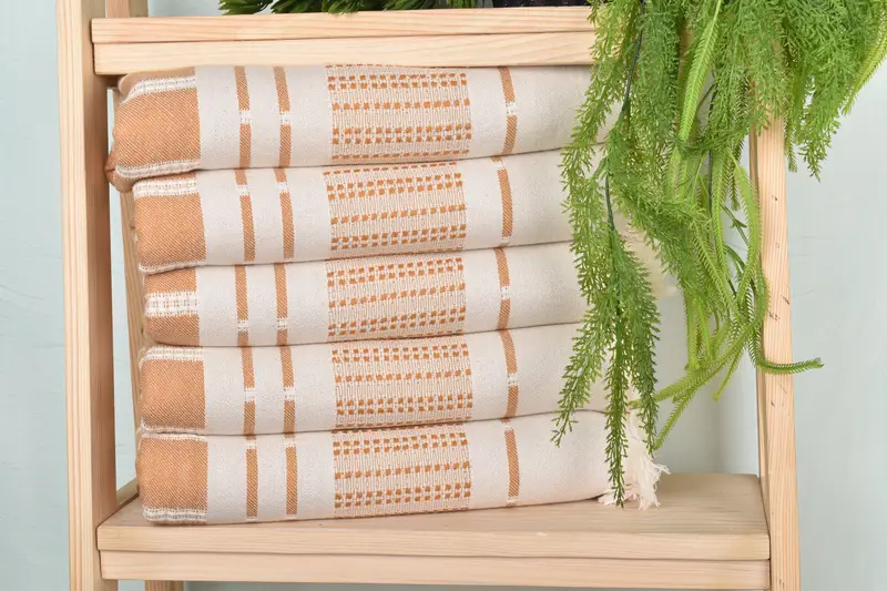 Mustard Cotton Towel Striped Beige, Handmade Beach Towel, 36x67 Inches