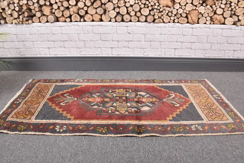Oushak Turkish Rug, 1.6x3.4 ft Vintage Rug, Red Moroccan Wool Rug - 1