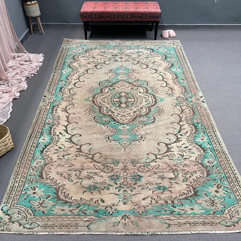 6.1x10 ft Turkish Rug, Oushak Rug, Blue Patchwork Rug Wool - 1
