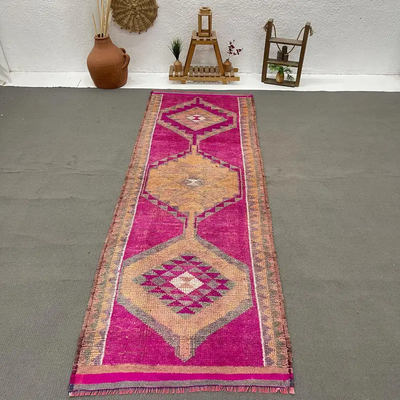 Turkish Runner Rug, 3.4x10.2 ft Vintage Rug, Pink Herki Wool Rug - 1